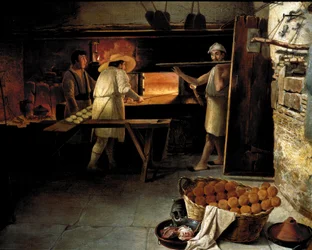 Utsikt från insidan av ett bageri Bagare bakar brödet i ugnen. Anonym målning från 1700-talet. Rom, Museo del Folklore