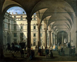 Utsikt över Arcivescovado-domstolen i Milano (målning, ca 1850)