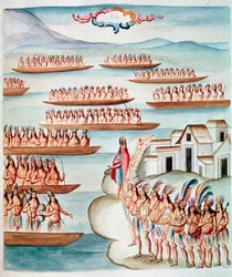 Utsikt över Tlatelolco omgiven av lagunen, Mexiko (akvarell, ca 1770-1780)
