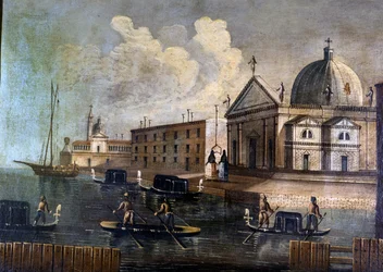 Utsikt över Venedigs lagun och gondoler. Anonym. 1700-talet.