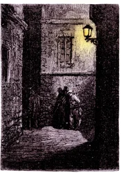 Utsikt över en mörk gränd i Whitechapel-distriktet i London. 1700-talsgravyr