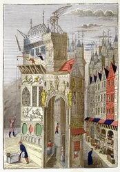 Utsikt över en rue de Paris på 1400-talet, med sina korsvirkeshus och en kyrka under uppbyggnad.