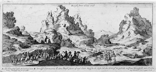 Vy över husvagnar i Sinaiöknen. 1700-talsgravyr.
