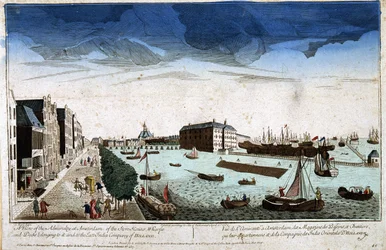 Utsikt över amiralitetet i Amsterdam över butikerna i bassängerna och byggplatser som ägs av dem och Company of the East Indies of Holland - Optisk vy
