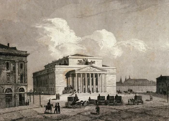 Utsikt över Bolchoi-teatern i Moskva, Ryssland 1838 Gravyr av 1800-talet
