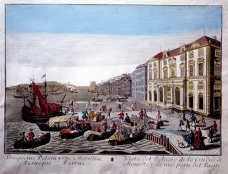 Utsikt över Hotel de Ville och en del av Marseilles hamn Scen för handel och lossning av varor på kajen. Anonym gravyr av 1700-talets Marseille, Musee de la Marine