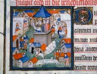 Utsikt över Lendit-mässan, populär sammankomst och promenader i staden Saint Denis. Paris eveque välsignade invigningen av detta evenemang. Miniatyr från "Pontifical de Sens"" 1300-talets Paris, B.N.