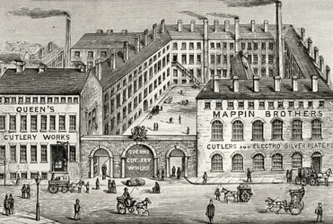 Vy över Mappin Brothers bestickfabrik i London. Detalj av annons från 1891. Gravyr.