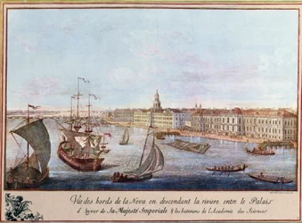 Utsikt över Neva vid Vinterpalatset och Vetenskapsakademin i Sankt Petersburg. Tryck omkring 1753. Paris, B.N.