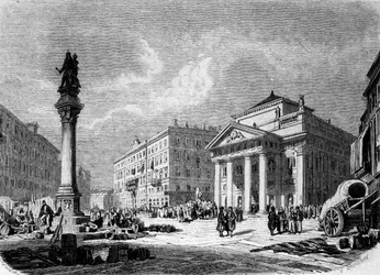 Utsikt över Place de la Bourse i Trieste (under den österrikiska perioden), gravyr från 1800-talet