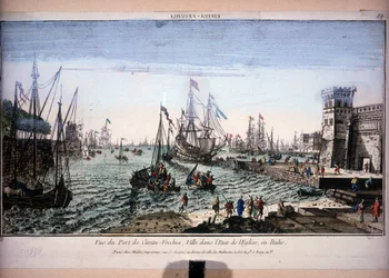 Utsikt över hamnen i Civitavecchia, stad i kyrkans delstat, Italien. Optisk vy av 1700-talet.