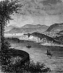 Utsikt över St. Lawrencefloden i Nordamerika. 1800-talsgravyr