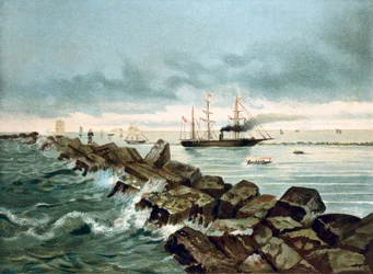 Utsikt över Suezkanalen invigs den 17/09/1869. Kromolitografi av 1800-talet