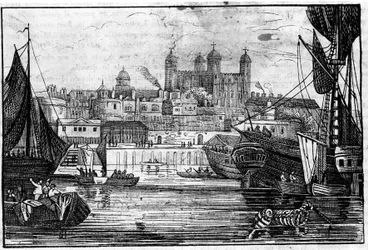 Vy över Towern i London och Themsen i slutet av 1700-talets gravyr