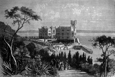 Utsikt över slottet Miramare i Trieste (under den österrikiska perioden), gravyr från 1885