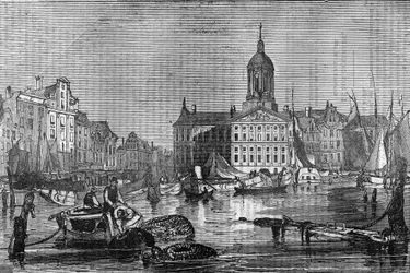 Utsikt över staden Amsterdam och det gamla rådhuset på 1800-talet.