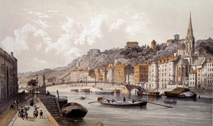 Utsikt över staden Lyon från Quai Tilsitt. Gravyr av 1800-talet. Paris, B.N.