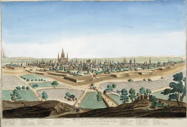 Utsikt över staden Milano, Italien med katedralen och befästningarna. Gravyr av 1700-talet.