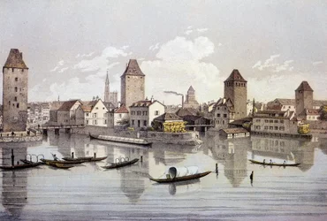 Utsikt över staden Strasbourg vid Rhen. 1800-talsgravyr Paris, B.N.