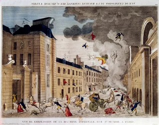 Vy över explosionen av den infernaliska maskinen på rue Saint Nicaise i Paris på 3:e nivose an IX. Infernalmaskinens konspiration är en konspiration för att döda Napoleon Bonaparte, den nye förste konsulen efter statskuppen den 18 Brumaire. En in
