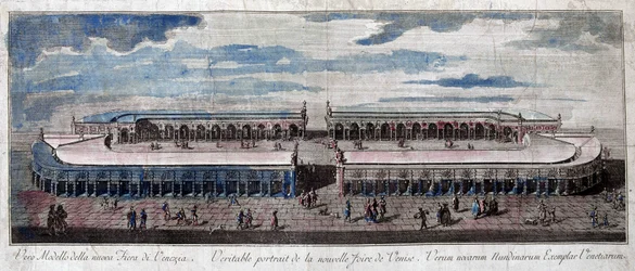 Vy över mässan i Venedig, Italien. Gravyr från 1700-talet.