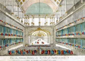 Utsikt över den berömda teatern i staden Neapel i Italien. Gravyr från slutet av 1700-talet.