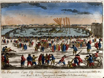 Utsikt över festen som ges i Florens på stranden av floden Arno av storhertigen av Toscana i samband med Henrik IV:s bröllop med Maria av Medici år 1600. Gravyr.