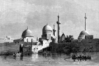 Vy över moskén i Mosul (Nineve) i Irak. 1800-talsgravyr.
