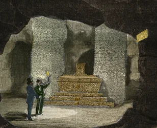Utsikt över ossuary av katakomberna av Montsouris i Paris. Gravyr från 1856 i "" Le Musee Des Sciences""