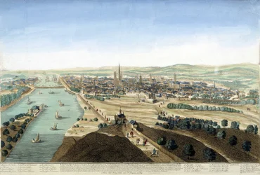 Utsikt över hamnen och staden Rouen; Gravyr från 1700-talet.