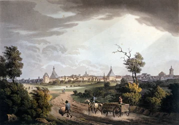 Utsikt över omgivningarna i staden Leipzig i Tyskland omkring 1820.