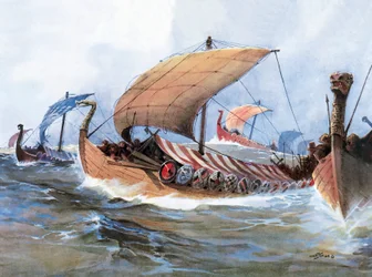Vikingabåt på väg mot Normandie, akvarell