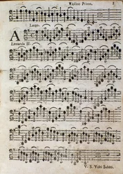 Fiol. Notblad för Balletto a 3, op. 3 av Tomaso Albinoni (1701)