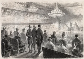 Besök av Vilhelm I av Preussen (1797-1888) i Compiegne: galashow på palatsteatern i närvaro av Napoleon III (1808-1873) - Gravyr i "" Den illustrerande världen"