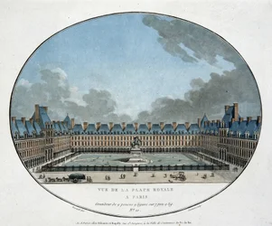 Utsikt över Place Royale i Paris (Place des Vosges). n.d. gravyr 1700-tal.
