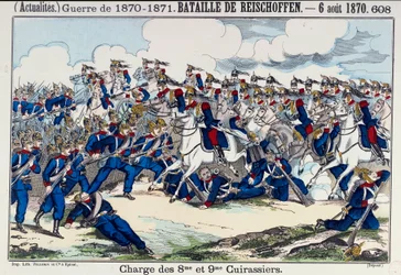 Kriget 1870-1871: utsikt över slaget vid Froeschwiller (eller Reichoffen) och striden mot slagskeppen, 6/08/1870 (återupplivande av Woerth). Gravyr av 1800-talet. Paris, B.N.