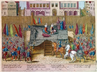 Nittioåriga kriget: Dekollationen av Lamoral, greve av Egmont, prins av Gavre (1522-1568), holländsk politiker. Han fördömdes inom ramen för Conseil des troubles (eller blodrådet) som inrättats av hertigen av Alba. Gravyr. Paris B.N.