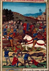 War of the League of Public Good (eller revolt för adelsmän): slaget vid Montlhery den 16/07/1465 mellan Ludvig XI (1423-1483) och Karl, greve av Charolais (blivande Karl Temeraire) (1433-1477). Miniatyr belyst från manuskriptet "" Vigiles du r