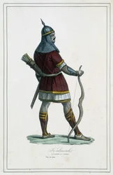Warrior Kalmouk (mongoliska folket i södra Sibirien) - i "" Jordens olika folk"" av Abbé P. Jouhanneaud, Library of Good Books, Limoges