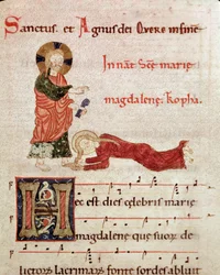 Fötttvätt: Maria Magdalena lutad mot Kristi fötter Miniatyr från en gradvis antifonär (tropair) (ms. 65) Piacenza från 1100-talet, Biblioteca Capitolare
