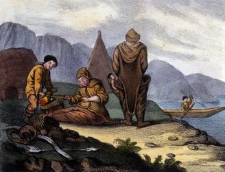 Eskimåerna på västra Grönlandskusten. Litografi från början av 1800-talet