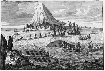 Valfångst utanför ön Jan Mayen. gravyr tidigt 1700-tal