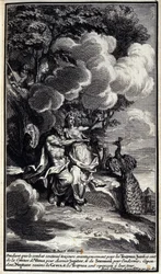 Medan kampen fortsätter att vara fördelaktig för trojanerna, använder Junon Venus bälte för att charma Jupiter och sömn för att få honom att somna. Men Neptunus återupplivar grekerna och trojanerna avvisas. Illustration av bok XIV av Iliaden av Homere, Fre