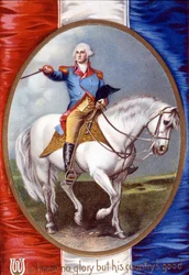 Som inte kände någon ära än sitt lands goda: George Washington (1732 - 1799) ridande i medaljong på baksidan av den franska flaggan. kromolitografi från 1800-talet.