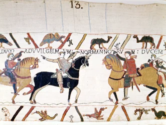 Vilhelm I Erövraren (1027 - 1087) träffade Harold II (1022 - 1066), kung av England, efter att ha befriat honom. Bayeux gobeläng, känd som Broderi av drottning Mathilde
