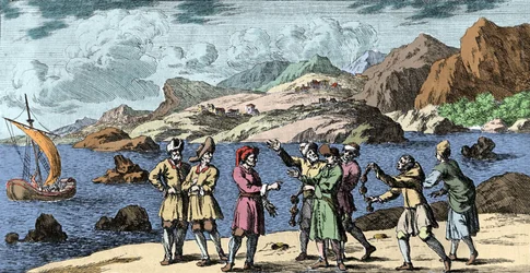 Häxkonst och övertygelser: finska och samer som provocerar en storm genom tre knops magi. Gravyr från "Mundi Mirabilis Oeconomia" av Johann Zahn (1631-1707)