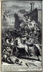 När de två arméerna anslöt sig till gryningens uppgång skickade Jupiter Iris för att berätta för Hector att dra sig tillbaka från striden och att återvända först när Agamemnon gör ont, skulle tvingas flytta bort från slagfältet. Illustration av bok XI av I