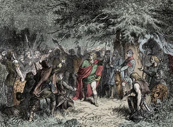 Wittekind kallar sina Saxons till vapen - Widukind av Sachsen (cirka 750-810) uppmanar saxarna att höja sina vapen mot Franco-invasionen av Karl den Store 777