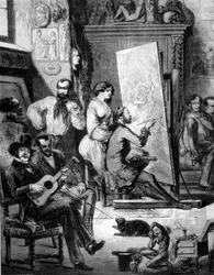 Verkstad av en målare på 1800-talet. Vissa spelar musik, andra röker medan målaren ritar. Gravyr av 1800-talet