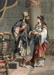 Xerxes I, Persiens akemenidiske kung (519-465 f.Kr.), med sin hustru Amestris. Gravyr från 1881 i ”El Culto de la Hermosura” av Juan Justo Huguet, Molinas Hermanos Editores